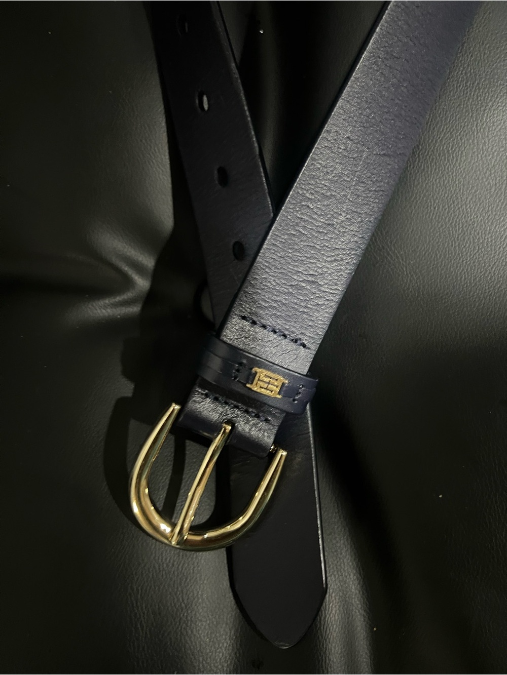 Tommy Hilfiger Navy Leather Belt with gold Buckle